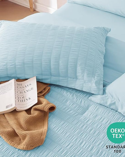 MUXHOMO 7 Pieces King Comforter Set, Seersucker Bed in a Bag King Size, All Season Luxury Bedding Set with Comforter, Flat Sheet, Fitted Sheet, Pillowcases & Shams, Lake Blue