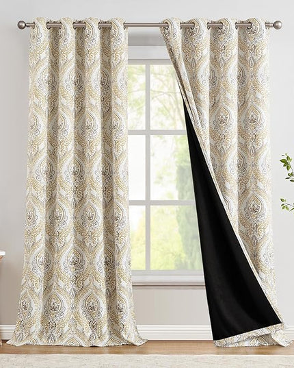 jinchan Blackout Curtains 96 Inches Long Yellow Damask Medallion Window Curtains for Bedroom Grommet Thermal Insulated Drapes for Living Room Vintage Luxury Window Treatments Set 2 Panels