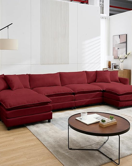 Modular Sectional Sofa,143.31'' Modern Sofa Sleeper Couch,Comfy Cloud Couches with 4 Seat & 2 Ottoman & 4 Pillows Sofa Set,Deep Seat Sofa with Movable Ottoman for Living Room,Chenille (Red, U Shaped)