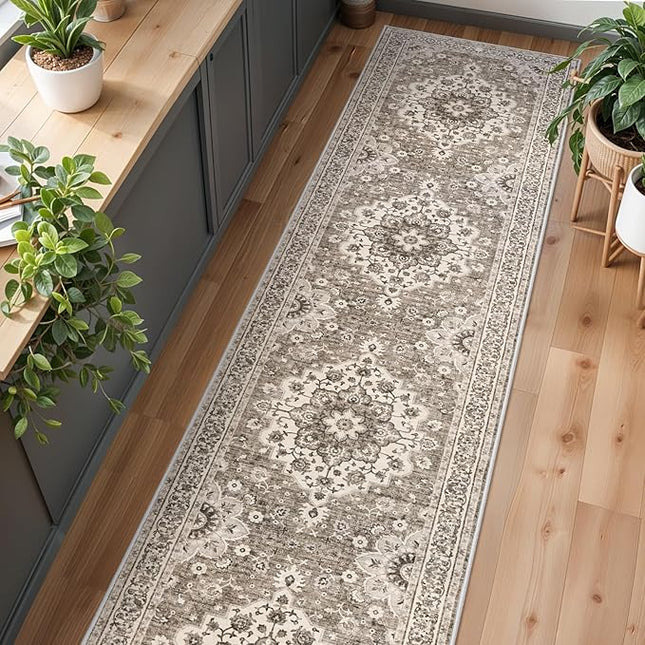 Washable Oriental Hallway Runner Rug - 3x16 Rugs for Living Room Soft Carpet for Bedroom Kitchen Waterproof Floral Distressed Indoor Stain Resistant Non-Shedding Floor Carpets (Beige, 3X16)