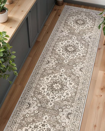 Washable Oriental Hallway Runner Rug - 3x14 Rugs for Living Room Soft Carpet for Bedroom Kitchen Waterproof Floral Distressed Indoor Stain Resistant Non-Shedding Floor Carpets (Beige, 3X14)