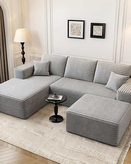 107.5" Cloud Modular Sectional Couch with 1 Ottoman,Modern Minimalist Upholstered Couches, Comfort U Shaped Sofa for Living Room,Deep Seat Corner Couch，No Assembly Required (Grey,Left Facing Chaise)