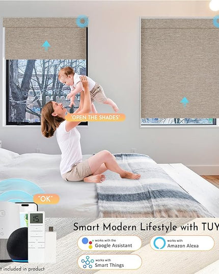 Persilux Smart Motorized Blinds with Remote, No Drill Automatic Roller Shades for Indoor Windows, Blackout Linen Fabric, Electric Blinds for Windows, Linen Light Brown C156BO-3, Custom Size