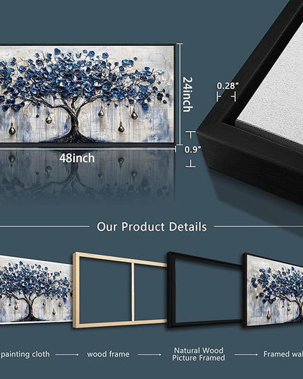 XIGUANGART Tree of Life Large Wall Art Modern Abstract Paintings Watercolor Blue Farmhouse Framed Artwork Tree & bell Canvas Prints Pictures Wall Decor for Living Room Bedroom Home Office Decoration