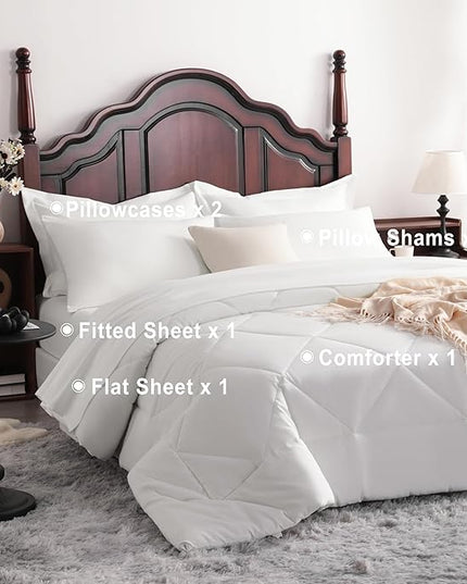 NTBAY Queen Comforter Set with Sheets, 7 Pieces Soft and Breathable Queen Bedding Set, Bed in a Bag, Down Alternative Comforter Set Solid Color All Season, Queen Bedding Set, White