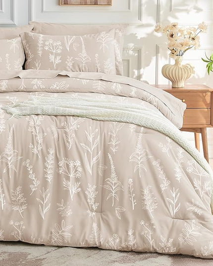 MUXHOMO Beige King Comforter Set, Elegant Floral Print Bed in a Bag 7 Pieces, Ultra Soft & Breathable Reversible Botanical Pattern Bedding Set with Comforter, Sheets, Pillowcases, and Shams