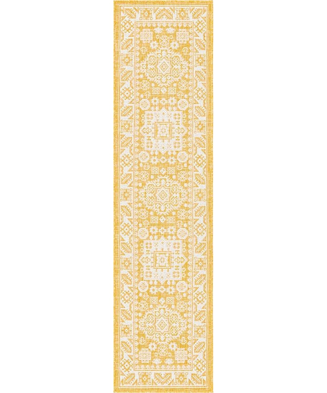 Rugs.com Outdoor Aztec Collection Rug – 8 Ft Runner Yellow Flatweave Rug Perfect for Hallways, Entryways