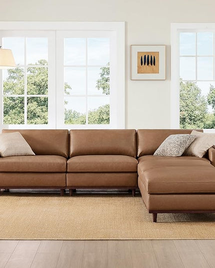 CHITA 118" Super Large Luxury L Shape Convertible Sectional Modular Sofa, FSC Certified Down Filled Modern Sofa, Deep Seat Cloud Couch, 5 Seat Couch with Chaise, Solid Wood Leg, Faux Leather in Camel