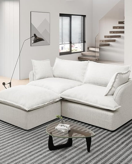 Cloud Modular Sectional Sofa Couch, 2 Seater with Ottoman Convertible Sectional Couch,Down Feather Fill Sofa, Completely Removable Cover, Corner Sofa for Living Room, Office,Cream White
