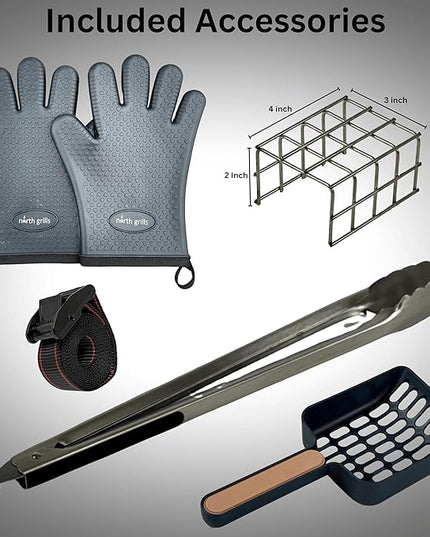 𝗖𝗵𝗮𝗿𝗰𝗼𝗮𝗹 𝗞𝗮𝗯𝗼𝗯 𝗚𝗿𝗶𝗹𝗹 by 𝗡𝗼𝗿𝘁𝗵 𝗚𝗿𝗶𝗹𝗹𝘀: precise heat control, silicone-handle square & flat skewers, charcoal starter tool, tongs, BBQ gloves, and storage & travel bags.