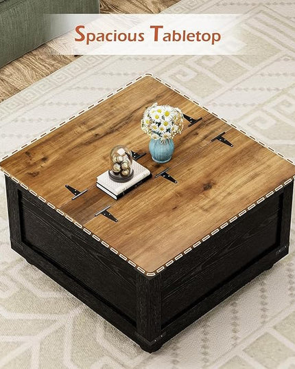 Farmhouse Coffee Table with Storage, Lift Coffee Tables for Living Room, Square Coffee Table with Wood Gourd Feet and Hydraulic Gas Rod (Black)