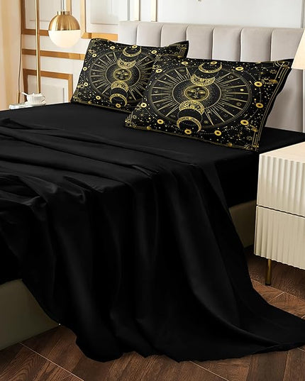 Bedbay Sun Moon Comforter Set 8 Pcs Black and Gold Trippy Galaxy Bedding Set Bed in a Bag Constellation Horoscope Bedding King Bed Set Cosmos Celestial Decor Quilted Duvet Insert(Gold,King)