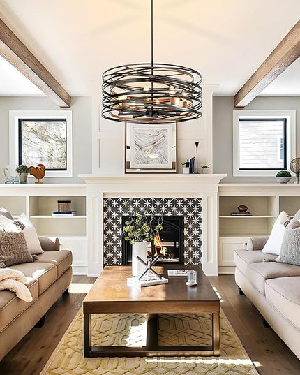 Black Farmhouse Chandelier,23.6" Drum Chandelier Farmhouse Chandeliers for Dining Room Wood Grain Metal Large Dining Room Light Fixture Pendant Light Fixtures for Kitchen Living Room Bedroom Entryway