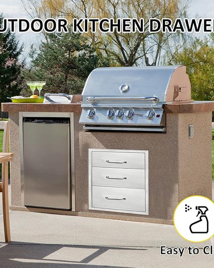 Outdoor Kitchen Drawers 16" W x 21" H x 23" D Flush Mount Triple BBQ Drawers with Chrome Handle Stainless Steel Drawer for Outdoor Kitchen Island, Patio Grill Station