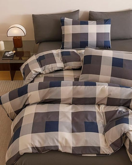 Luxlovery Checkered Navy Comforter Set King Gingham Bedding Set Men's Bedding Grid Bedding Set Fluffy Soft Cottagecore Khaki and Blue Blanket Quilts with 2 Pillowcases King Bed