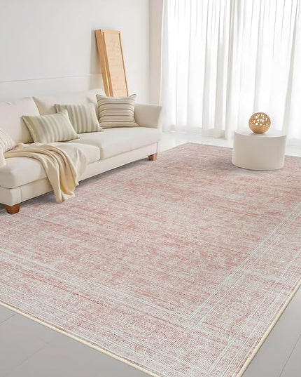 Washable Oriental Area Rug - 9x12 Rugs for Living Room Soft Carpet for Bedroom Waterproof Floral Distressed Indoor Stain Resistant Non-Shedding Floor Carpets (Pink, 9x12)
