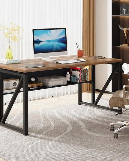 Tribesigns 55 inches Simple Computer Desk,Home Office Desk Writing Table for Workstation,Dark Walnut + Steel Leg， Cabinet not Included (Walnut, 55-inch)