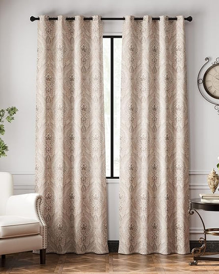 jinchan Linen Textured Curtains for Living Room Darkening 96 Inches Long, Medallion Drapes for Bedroom, Damask Pattern Window Treatments Vintage Curtain Panels, 2 Panels Taupe on Greige