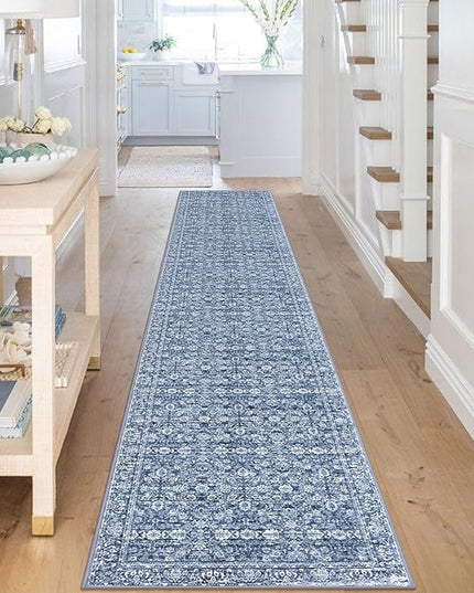 2.6x16 Runner Washable Rug for Kitchen, Blue Soft Classic Runners with Non-Slip, Non-Shedding Distressed Floral Rug for Hallways Entryway Bedroom Bathroom Laundry Indoor
