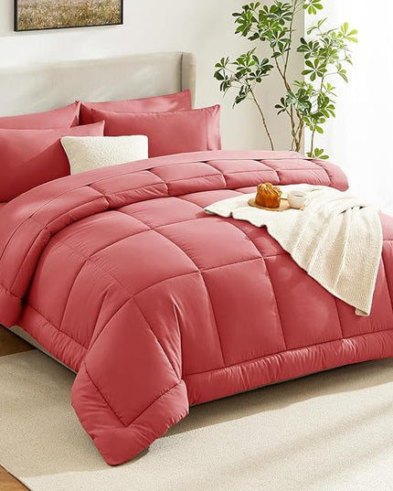 CozyLux Queen Comforter Set Coral, 7 Pieces Bed in a Bag, Coral Comforter Queen Size, All Season Bedding Sets with Stitch Quilted Comforter, Flat Sheet, Fitted Sheet, Pillowcases