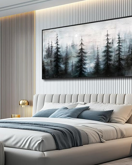 XIGUANGART Black Framed Canvas Wall Art Misty Forest Landscape Pictures Nature Farmhouse Abstract Watercolour Painting Wall Decor Living Room, Bedroom Bathroom Home Office Mural Decorations Artwork