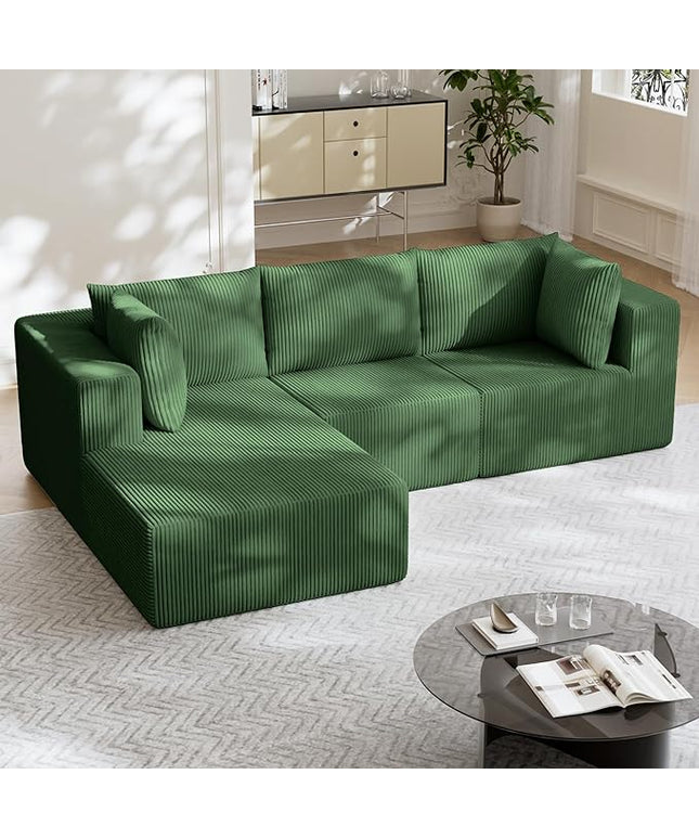 108" Boneless Couches for Living Room, Modular Cloud Couch Sofa - L Shap Corduroy Sectional Sofa, Fluffy Memory Foam Sleeper Sofa Furniture, No Assembly, Wide Armrest, Green