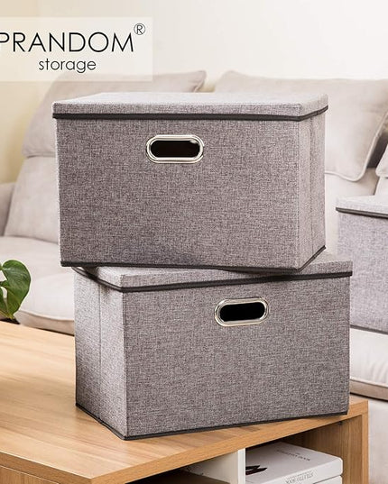 PRANDOM Large Collapsible Storage Bins with Lids [3-Pack] Linen/Cotton Blend Foldable Storage Boxes Organizer Containers Baskets Cube with Cover for Home Bedroom Closet Office Nursery(17.7x11.8x11.8)