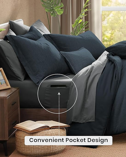 Monbix King Size Comforter Set, Navy Blue King Size Bed Set Reversible, King Comforter Set 7 Pieces, Cationic Dyeing Bed in a Bag with Comforter, Sheets, Pillowcases & Shams
