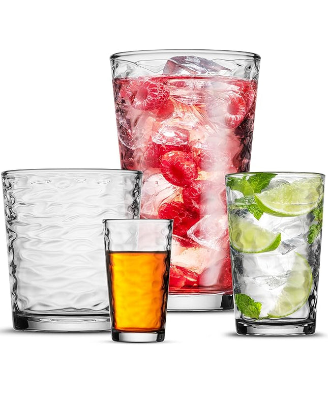 Biscayne Glassware Set, 24-Piece, Mixed Sizes with Cooler, DOF, Juice and Shot Glasses