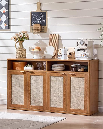 LEYAOYAO Rattan Sideboard Buffet Cabinet,55" Coffee Bar Cabinet with 4 Doors & Open Storage Shelf,Modern Credenza Console Table for Living Room Rattan Farmhouse entryway Brown