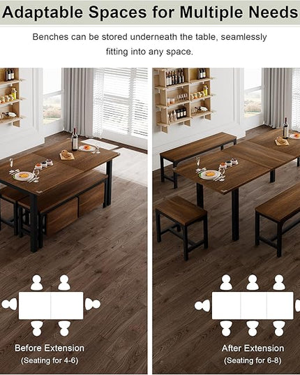 Feonase 5-Piece Dining Table Set for 4-8 People, 63" Extendable Kitchen Table with 2 Benches and 2 Square Stools, Mid-Century Modern Wooden Dining Room Table, Space-Saving, Walnut