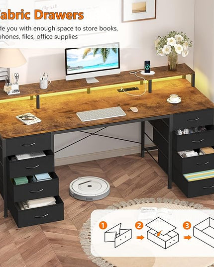 60 Inch Computer Desk with 8 Fabric Drawers, Gaming Desk with LED Lights & Power Outlets, Home Office Desk with Monitor Stand, Rustic Brown