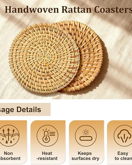 6Pcs Handmade Rattan Coasters with Holder -Woven Coasters for Drinks, Round Rattan Coaster, Rustic Farmhouse Wooden Coffee Table Decor, Kitchen, Dining Room, Housewarming Gift (Brown A)