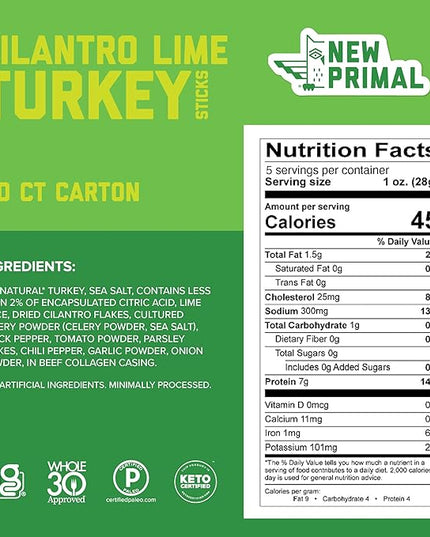 New Primal Cilantro Lime Turkey Sticks, Keto, Gluten Free Healthy Snacks for Adults, Sugar Free Low Carb High Protein, Paleo Whole30 Jerky Meat Stick, 7g Protein, 45 Calories, 1oz (Pack of 20)