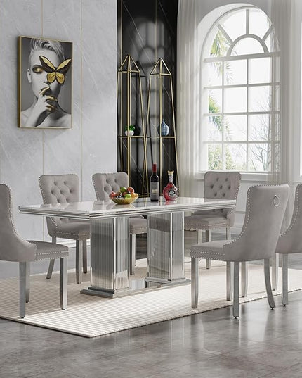 HomVent 68.11'' Rectangle Dining Table Set for 6, Modern Faux Marble Table Top & Stainless Steel Base (Silver with 6 Grey Chairs, 7 Pieces)