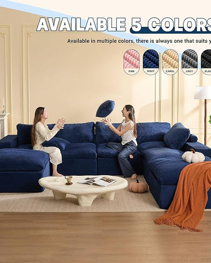 137.8” Sectional Couches for Living Room, Cloud Couch, Modular Sectional Sofa, Convertible Sofas Bed, Deep Seat Sofa, Sleeper Sofa Full Size, Corduroy, Blue