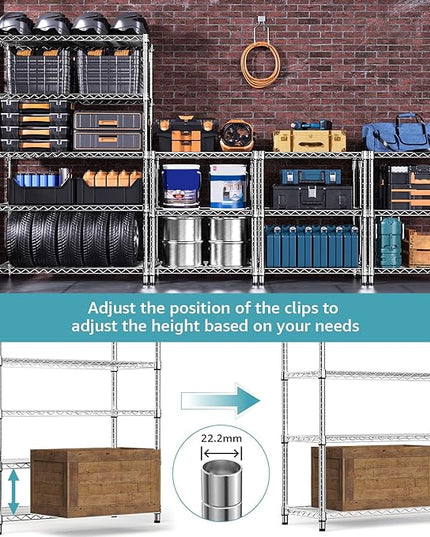 5-Shelf Storage Shelves,Wire Shelving Heavy Duty Metal Storage Shelving Unit Adjustable Garage Shelving Rack Pantry Kitchen (Chrome, 5 Tier,17.7" D x 47.2" W x 76.7" H)