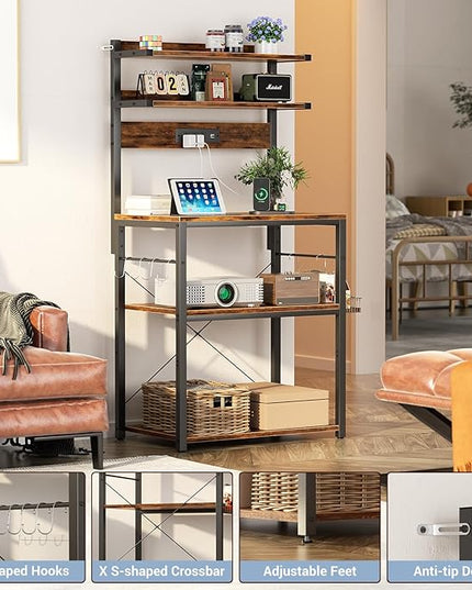 Aheaplus Bakers Rack with Power Outlet, Microwave Stand, 5 Tiers Coffee Bar Station with Led Lights, Kitchen Storage Shelf with 6 S-Shaped Hooks, Kitchen Rack for Spices, Pots and Pans, Rustic Brown