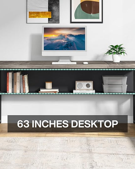 Tribesigns 63 inches Computer Desk with Bottom Storage Shelf Home Office Desk Writing Table for Workstation,Dark Walnut + Steel Leg， Cabinet not Included (Grey, 63-inch-with Shelf)