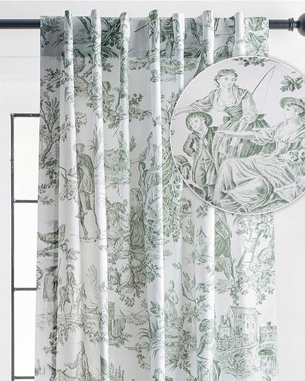 Maison d' Hermine Curtains for Living Room 100% Cotton 124 inch Length One Panel Light Filtering Toile Curtains with Rod and Loop Pockets (The Miller Antique Green (White Background), 50" W x 124" L)