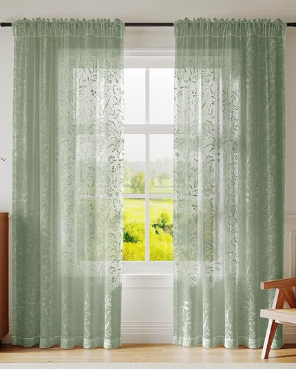 Anmao Sage Green Semi Sheer Light Filtering Curtains 72 Inches Long 2 Panels, Leaf Pattern Drapes for Living Room Bedroom, Rod Pocket Sheer Window Treatments with Floral Design, 52x72 Inch