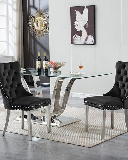 7-Piece Glass Dining Table Set w/6 Blue Upholstered Dining Chairs, 70in Rectangular Large Kitchen Table Set for 6, Glass and Silver Dining Table and Chair Set for 6