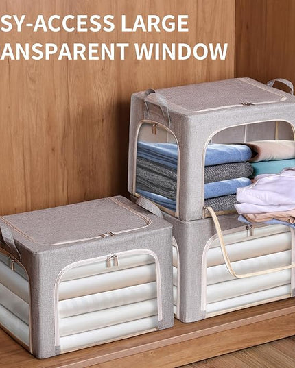 combocube 3-Side Zippered Openings Clothes Storage Bins with Thick Metal Frame, Stackable & Foldable Clothing Storage Bins with Lid, Linen Fabric Closet Storage Box with Large Clear Window, 3 Pack