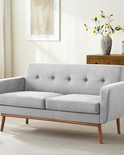 HUIMO Sofa Couch, Mid Century Modern Sofa with Solid Wood Frame, Button Tufted Couch for Bedroom, Living Room, Office, Apartment (Light Grey, 60 inch)