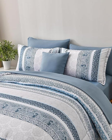 Cottolester Boho Comforter Set King Size Light Blue Comforter Set 8 Piece Bed in a Bag Striped Paisley Bedding Sets