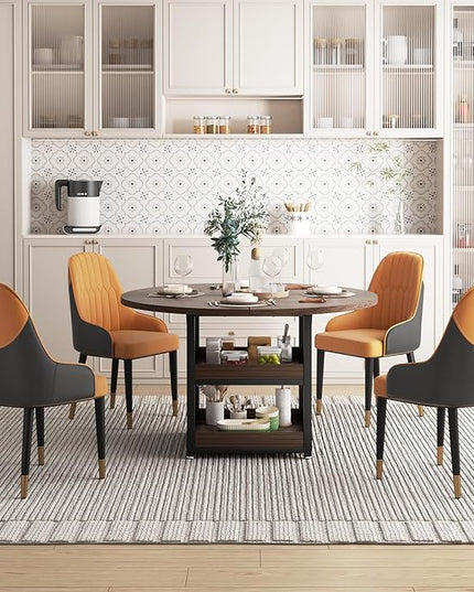 5-Piece Round Dining Table Set for 4 with Storage, Kitchen Table with 4 PU Leather Chairs, Space Saving for Breakfast Nook, Dinette, Dining Room (Walnut Dining Table-4 Brown Chairs)
