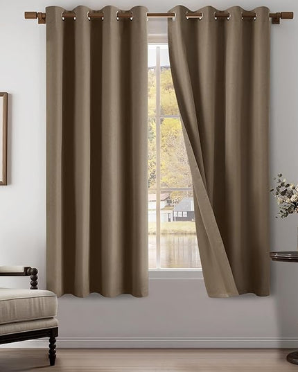 Brown 100% Blackout Linen Textured Curtains for Living Room, Bedroom, Light Weight Curtains with Grommets Top, Full Blackout Curtains Privacy Protection, Brown, 52" W x 72" L, 2 Panels