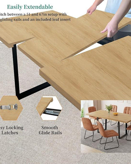 ZckyCine 7-Piece Modern Dining Set, 67" Expandable Oak Dining Table with 6 Brown Faux Leather Upholstered Chairs, Extendable Kitchen Table Set for 6, Scratch-Resistant, Easy Assembly
