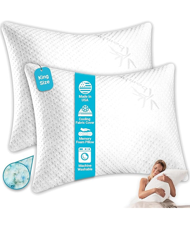 Xtreme Comforts 2-Pack Memory Foam Pillows Made in The USA - King Size, Slim Cooling Pillow for Sleeping on Side, Back & Stomach - Firm and Soft Bed Pillows