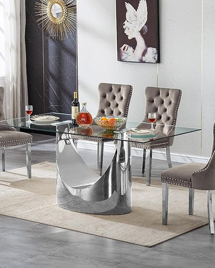 5 Piece Dining Table Set, Modern Glass Dining Table Set for 4 with Velvet Chairs, 70" Luxury Dining Table Chairs Set of 4, Kitchen Dining Room Sets for Dinner Dinette Breakfast Banquet, Grey+Silver
